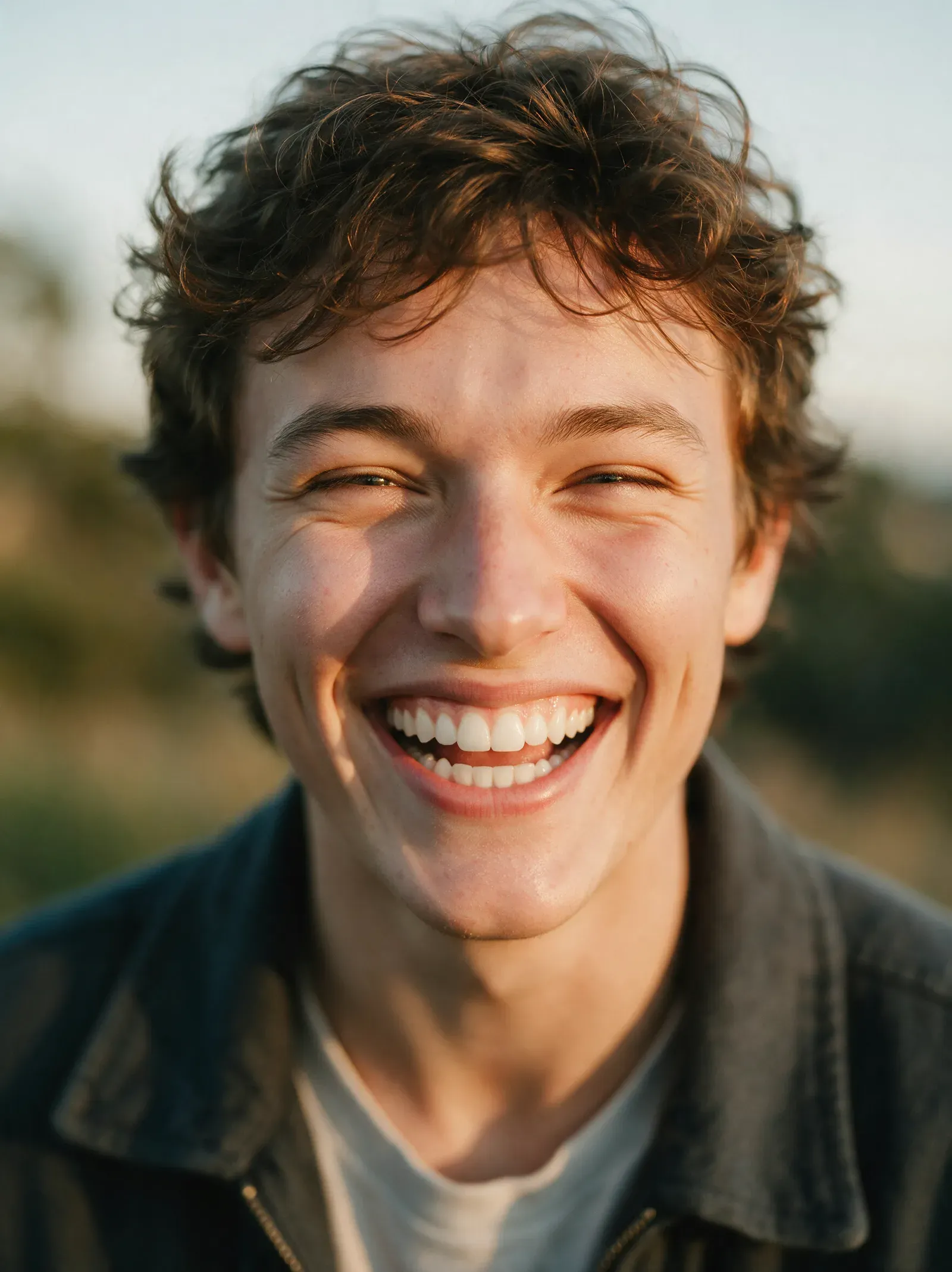 Young man laughing outdoors with a bright, confident smile