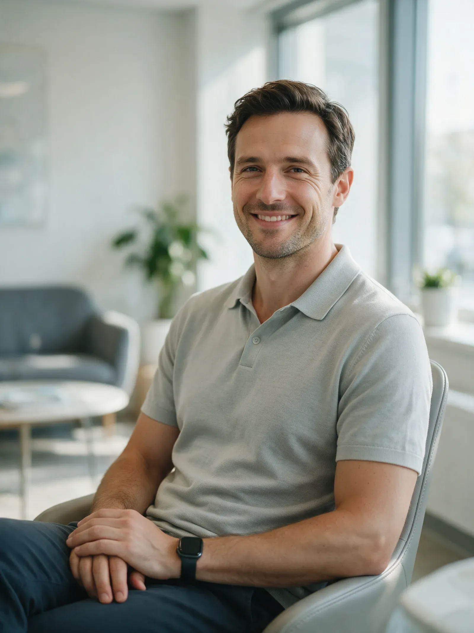 Relaxed patient smiling comfortably in a bright dental office