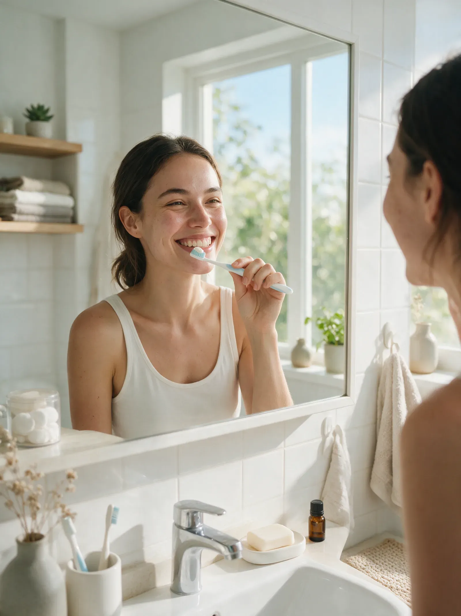 Woman smiling while brushing her teeth in a bright bathroom mirror